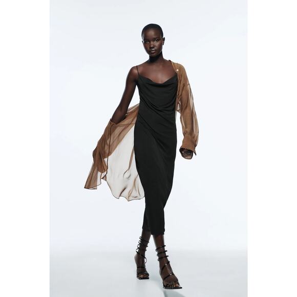 Zara Black Silky Cowl Neck Cami Camisole Midi Backless Tank Slip Dress Size L - Picture 1 of 7